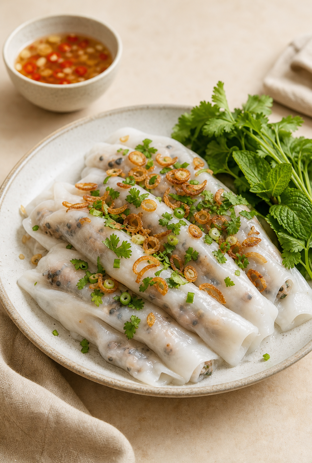 Bánh cuốn se smaženou cibulkou a dipem