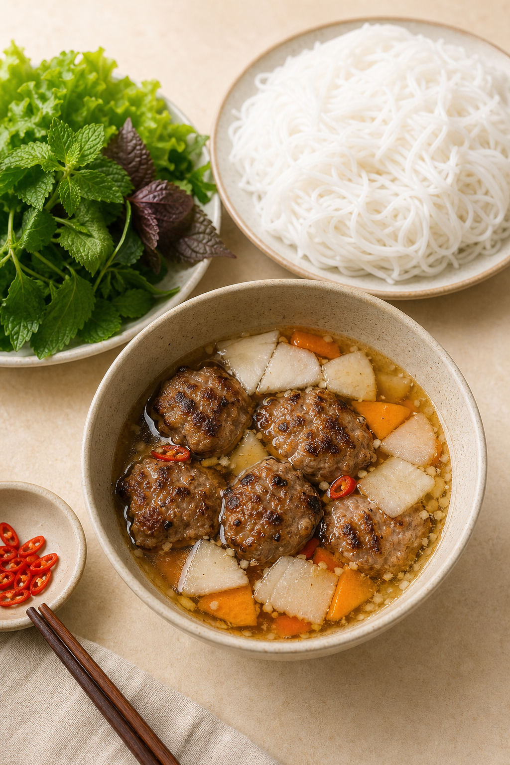 Bún chả s grilovaným vepřovým, nudlemi a bylinkami